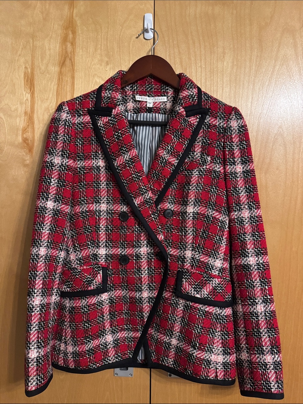 Veronica Beard Red Plaid Double-Breasted Tweed Dickey Blazer